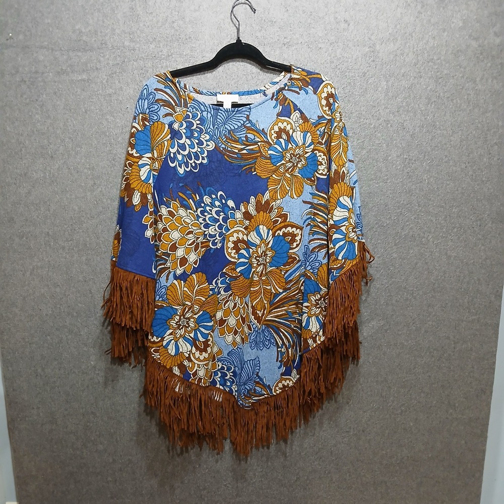 Susan Graver M/L Sleeved Poncho w/ faux Leather Trim Floral boho hippie bohemian